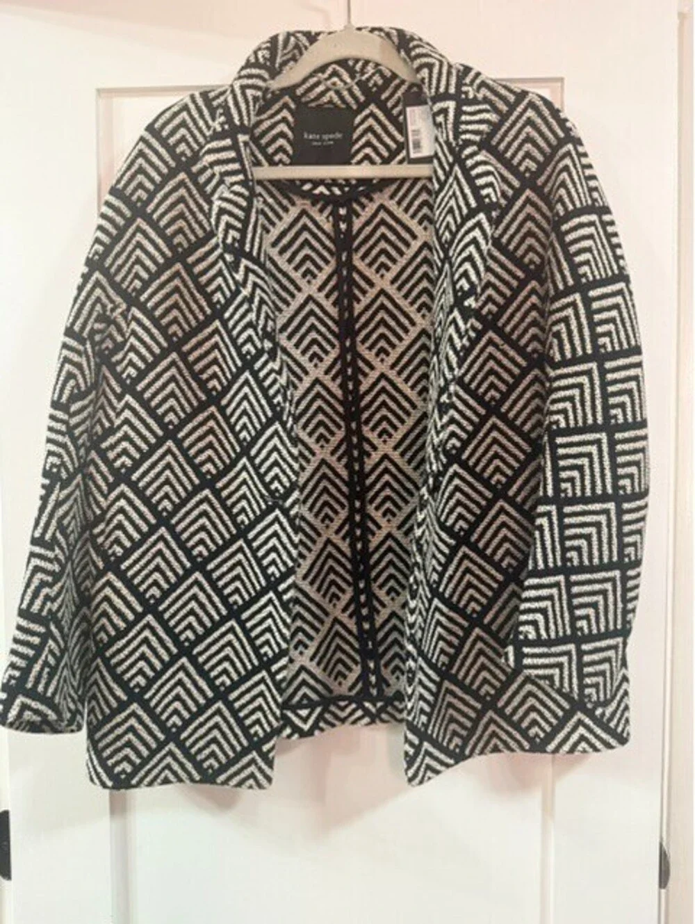 Kate Spade New York Women's Geometric Open Front Knit Cardigan Black Cream XL